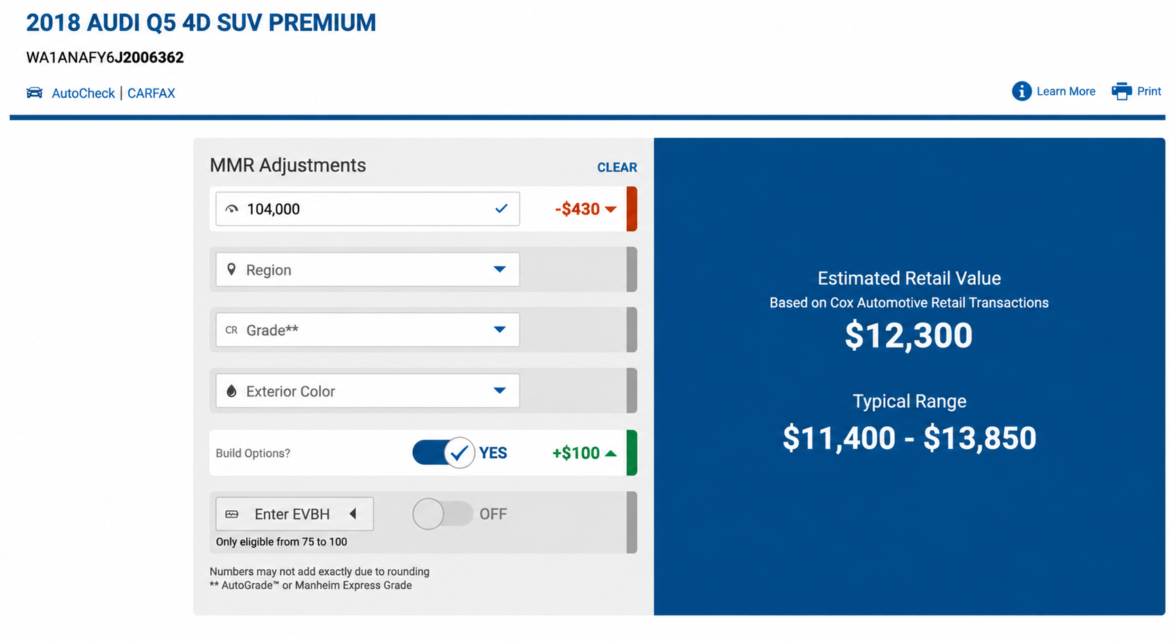 Cox Automotive retail valuation for the 2018 Audi Q5 Premium showing estimated retail value of $12,300 and typical range of $11,400 to $13,850.